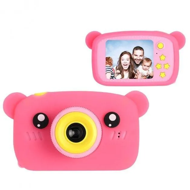 Детский цифровой фотоаппарат мишка Baby Photo Камера Bear с автофокусом X-500 Розовый противоударный с рамками для фото и играми
