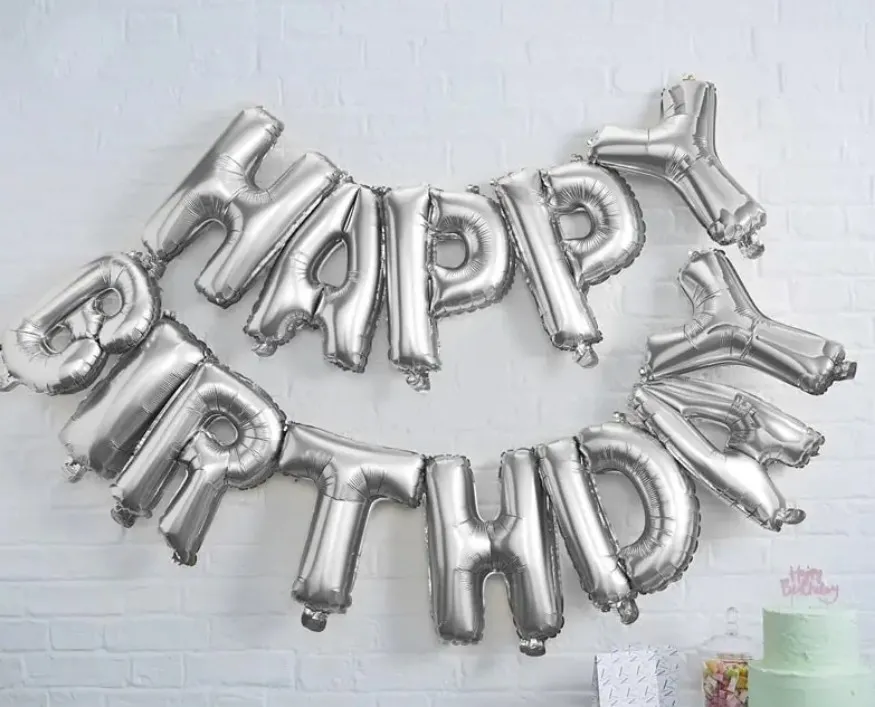 Фольгированные надувные шары буквы гирлянда Happy Birthday Silver Серебро высота 40 см 